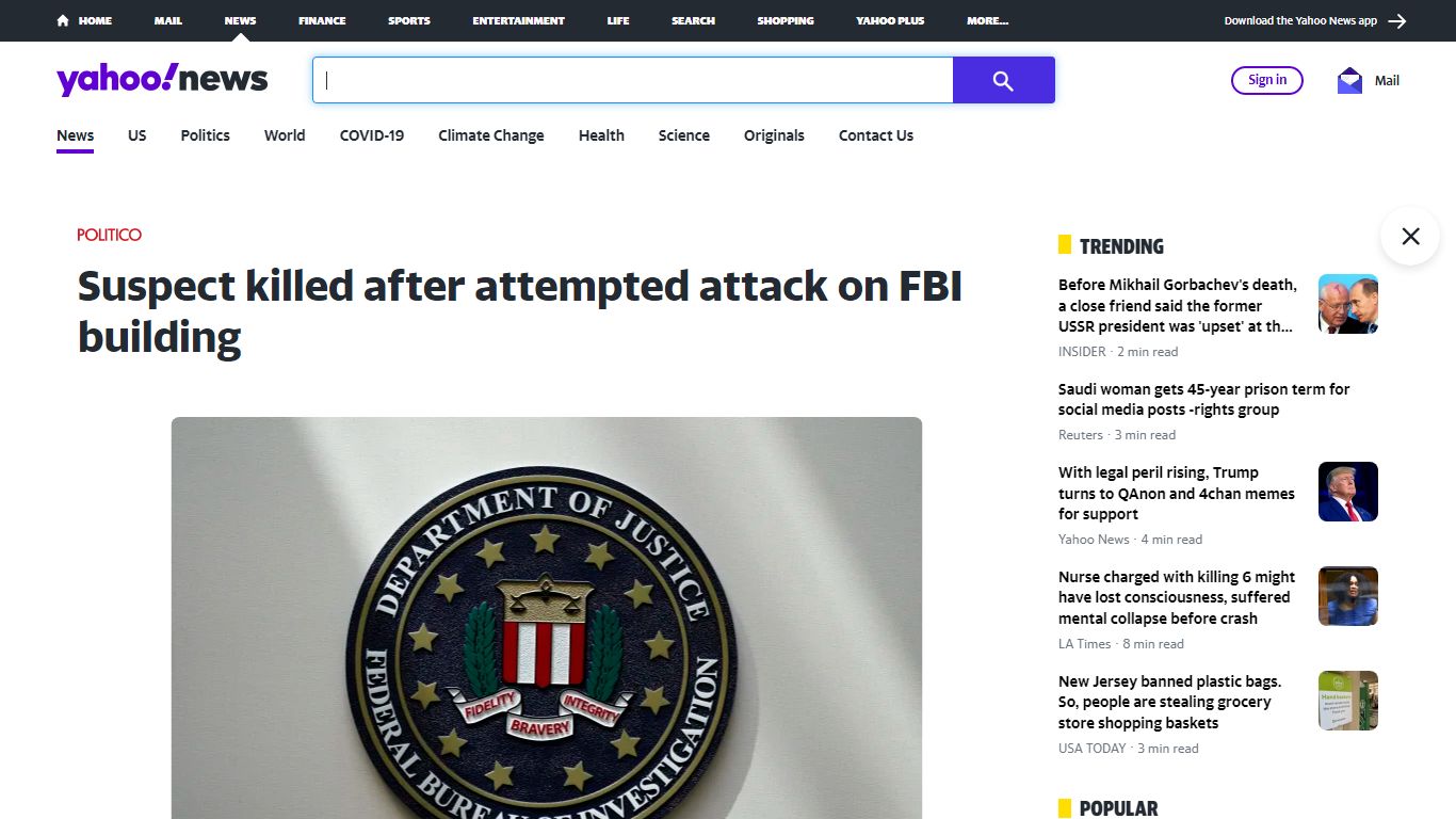 Suspect killed after attempted attack on FBI building